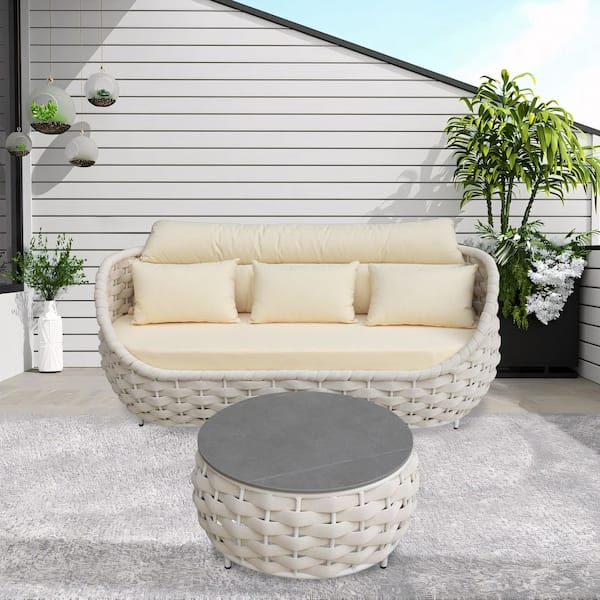 Beige Aluminum Frame Patio Olefin Woven Rope Outdoor Couch 3-Seat Sofa Daybed with Cream Cushion and Coffee Table