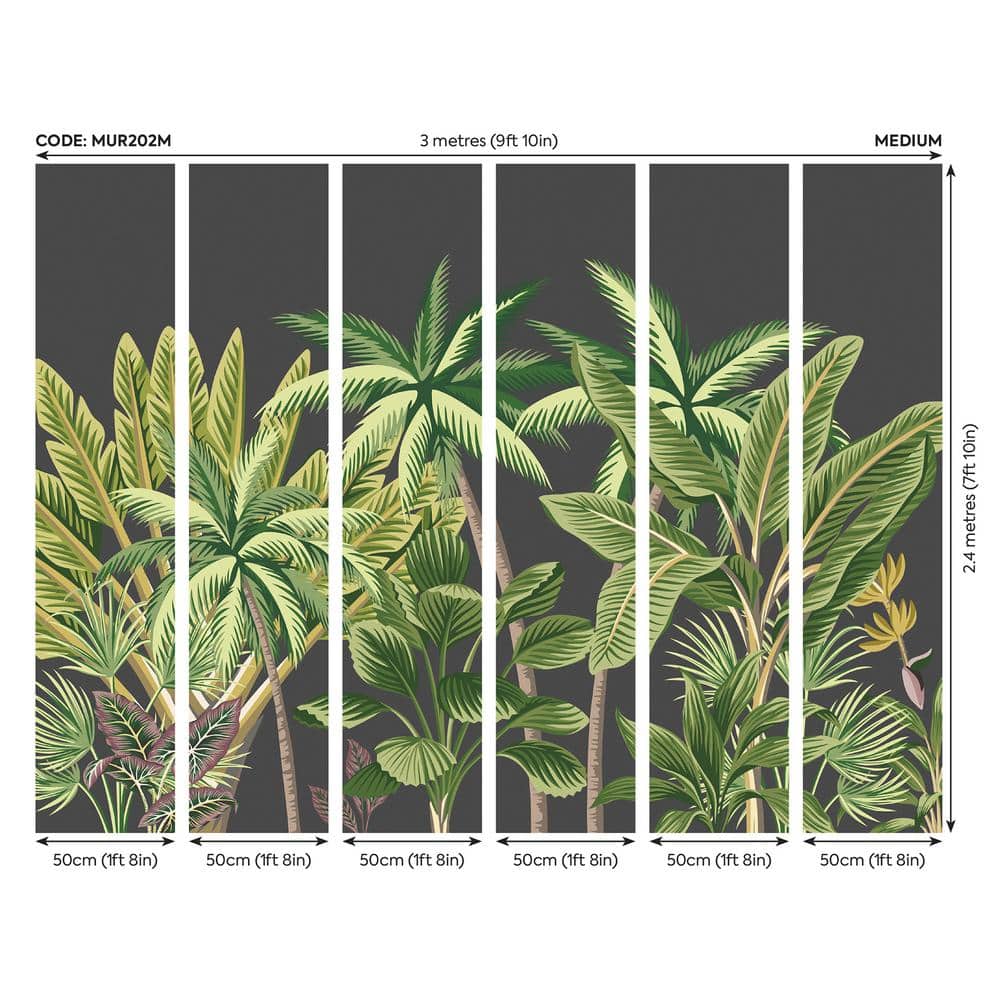 Grey Tropical Palm Trees Wall Mural with Green Leaves