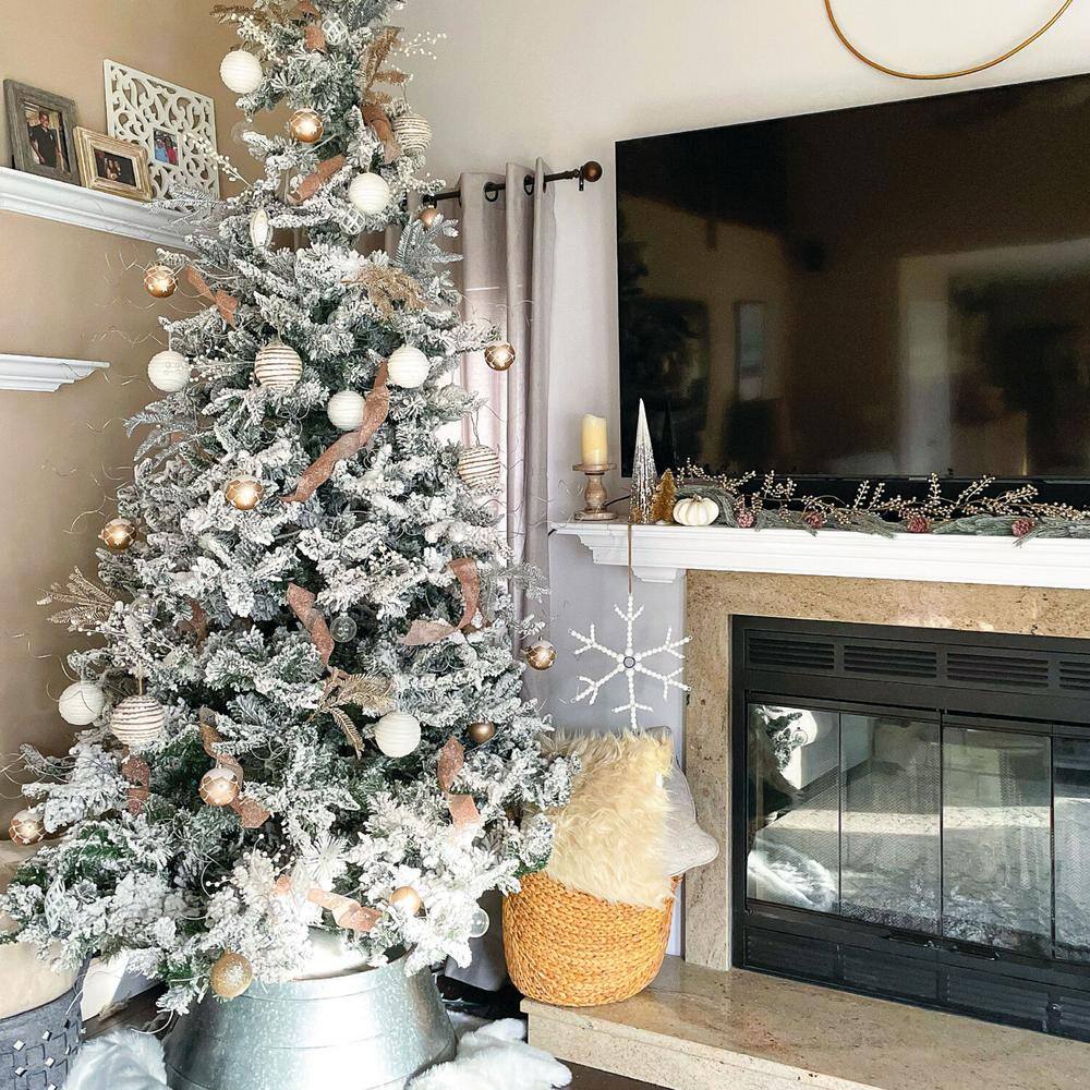 9-Foot White Pine Flocked Christmas Tree with Warm LED Lights