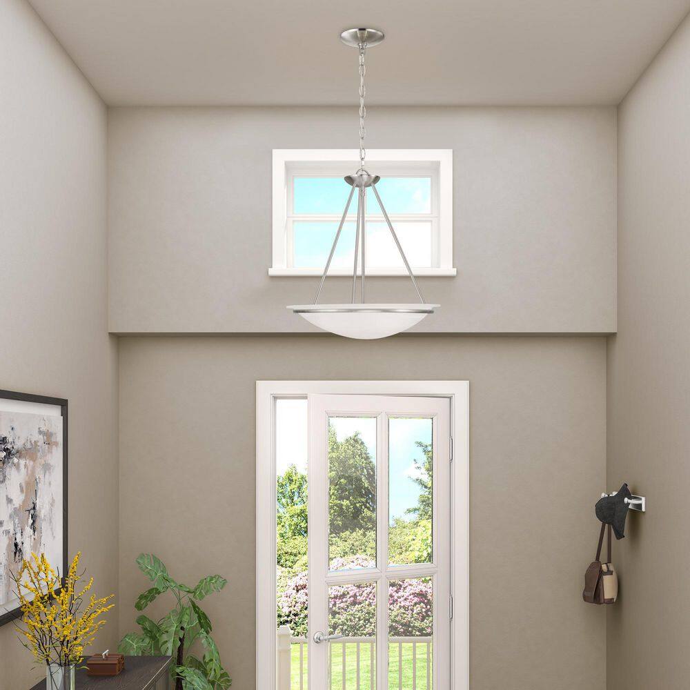 Transitional Brushed Nickel 3-Light Bowl Pendant with White Alabaster Glass