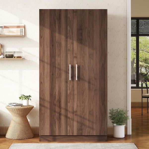 2-Door Brown Wood 31.50 in. Wardrobe Armoire with 3 Storage