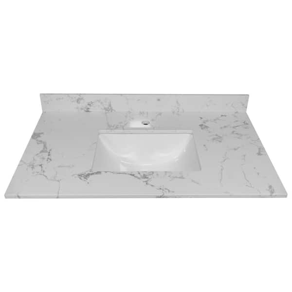 Logmey 37 in. W x 22 in. D Engineered Stone Composite White Rectangular Single Sink Bathroom Vanity Top in White