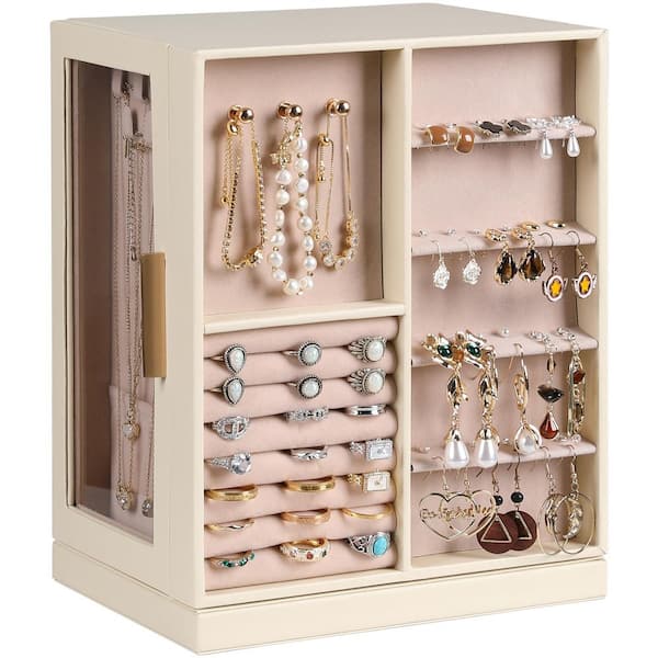 Beige PU leather rotating jewelry box with 6 drawers and a clear window.