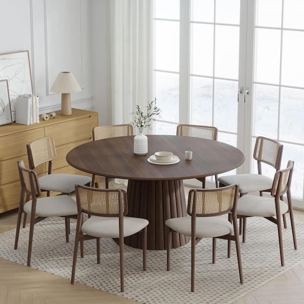 Dovelina 60 in. Natural Oak Wood Walnut Color Column Pedestal Round Kitchen Table Dining Table Seats 6
