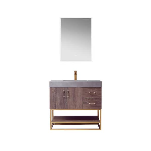 ROSWELL Alistair 36 in. W x 22 in. D x 34 in. H Single Sink Bath Vanity in North Carolina Oak W/Grey Sintered Stone Top & Mirror