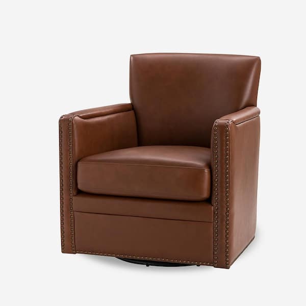 JAYDEN CREATION Amparo Brown 29 in. W Contemporary Genuine Leather Swivel Chair with Nailhead Trim Arm