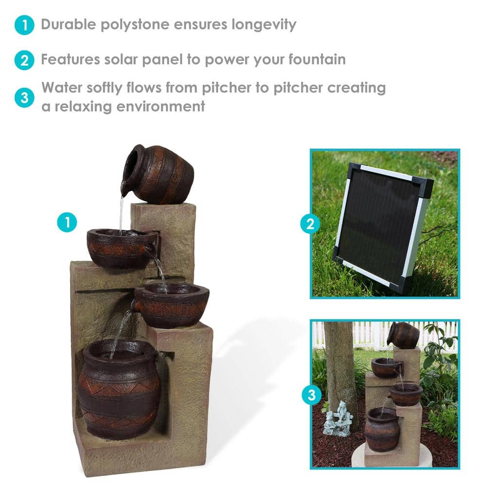 30-Inch Brown Polystone Solar Powered Cascading Water Fountain with LED Light