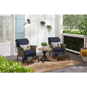 Devonwood Brown 5-Piece Wicker Outdoor Patio Small Space Seating Set with CushionGuard Midnight Navy Blue Cushions