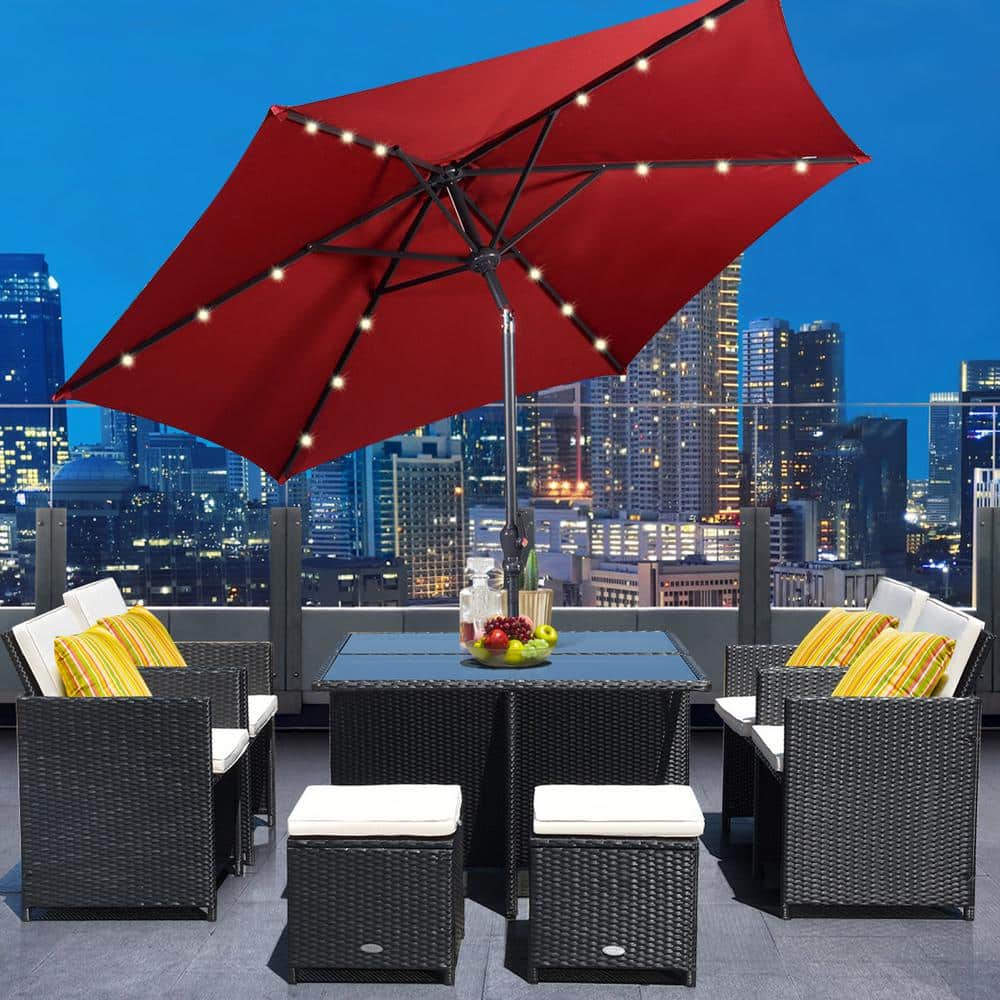 Burgundy 9ft Steel Solar LED Patio Umbrella with Crank