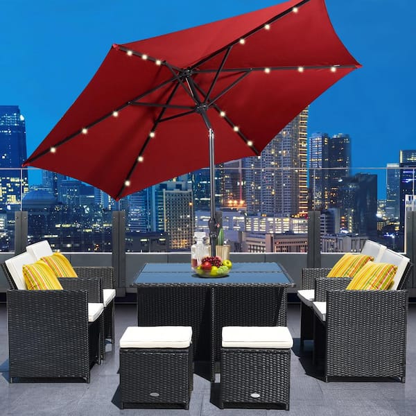 9 ft. Steel Market Solar Tilt Patio Umbrella with Crank and LED Lights in Burgundy