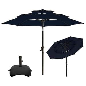 9 ft. 3 Tiers Aluminum Outdoor Market Patio Umbrella with Push Button Tilt and Base in Navy Blue