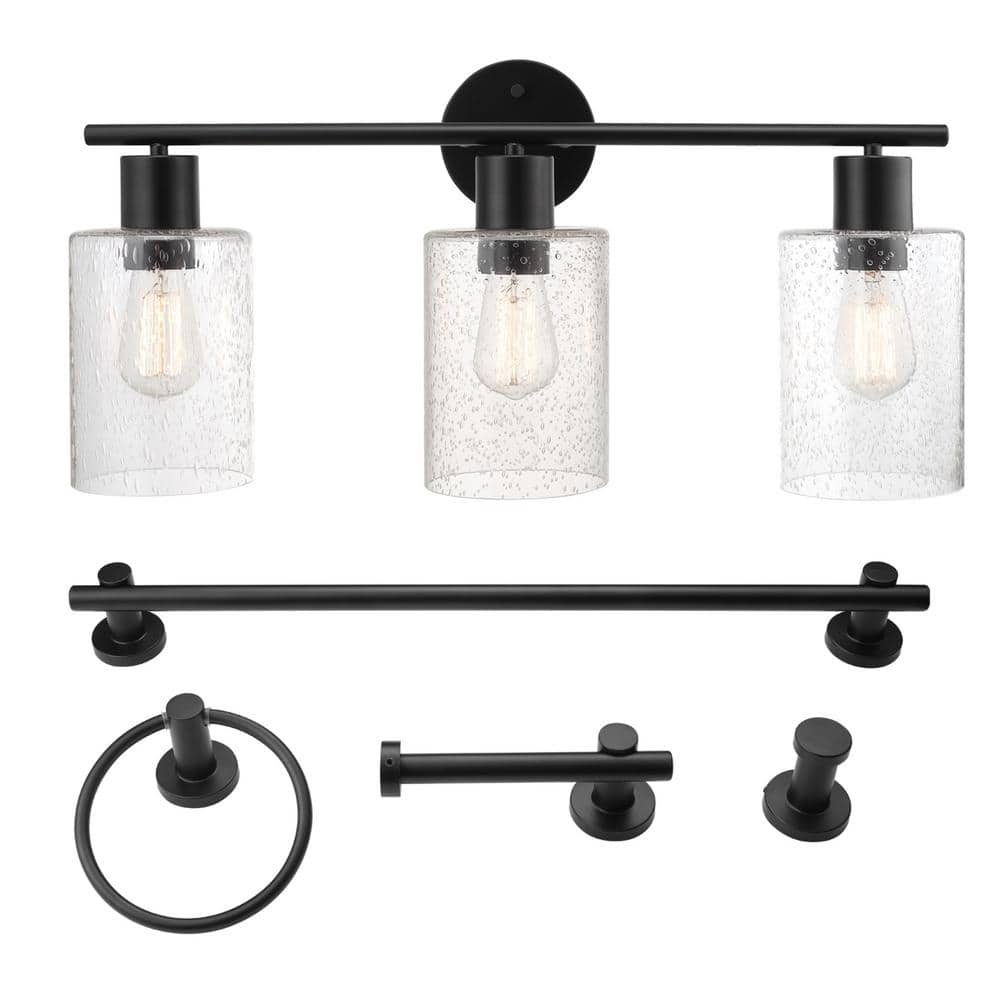 Bristol 24.5 in. 3-Light Matte Black Vanity Light with Seeded Glass Shades,