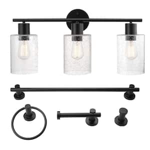 Bristol 24.5 in. 3-Light Matte Black Vanity Light with Seeded Glass Shades, 4-Piece Bath Set Included
