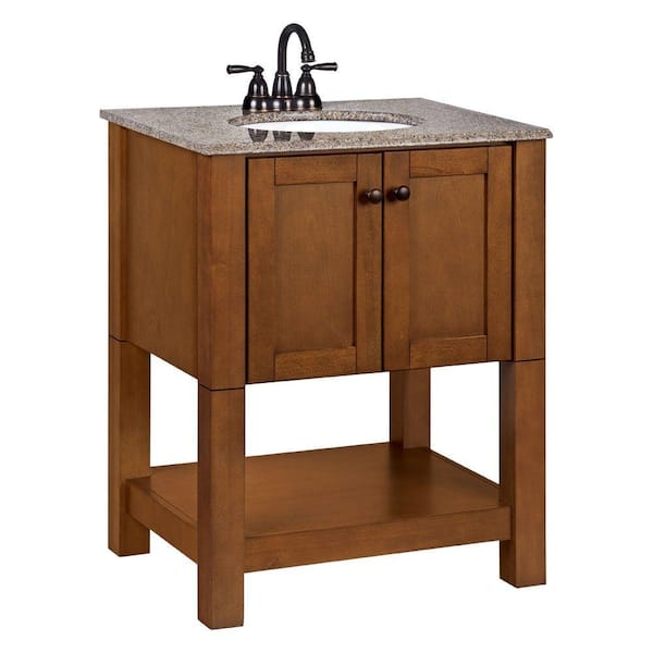 Unbranded Palisades 27 in. W Bath Vanity in Bourbon Cherry with Granite Vanity Top in Taupe with White Sink