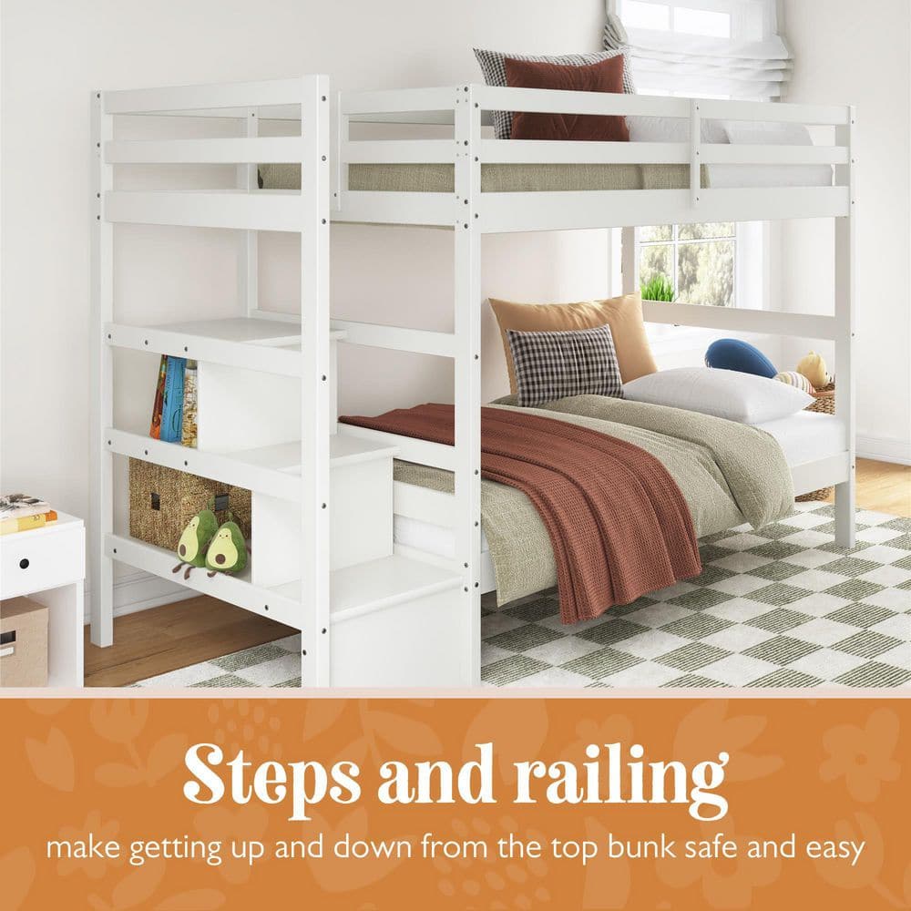 White Twin Over Twin Pine Wood Bunk Bed with Stairs and Shelves