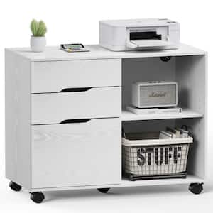 Victor 3-Drawer White Wood 31.3 in. W Under Desk Organizer Lateral File Cabinet with Wheels and Adjustable Shelves
