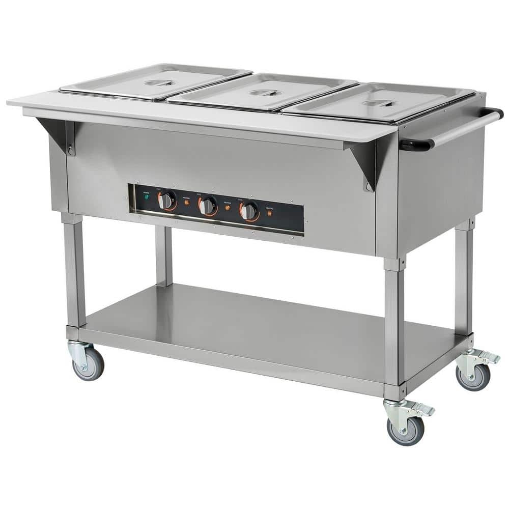 3-Pan Food Warmer 20.6 qt. x 3,1500 W Electric Steam Table, Buffet Catering Server, Stainless Steel, 4 Lockable Wheels