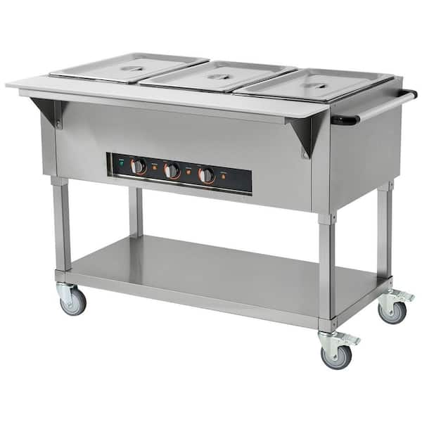 3-Pan Food Warmer 20.6 qt. x 3,1500 W Electric Steam Table, Buffet Catering Server, Stainless Steel, 4 Lockable Wheels