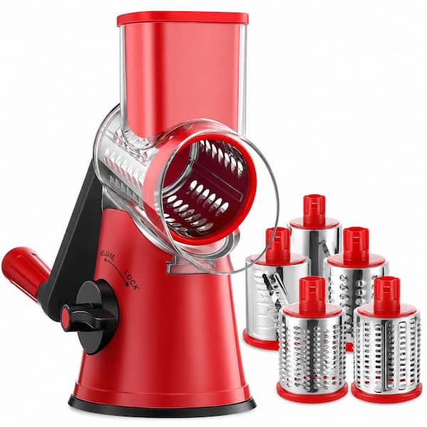 Red Manual Rotary Cheese Grater with 5 Interchangeable Blades, Suction Base and Locking Grip