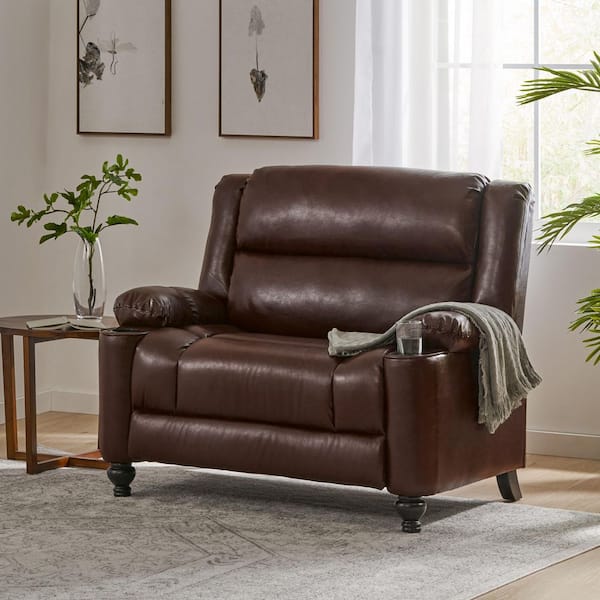 Tutherly Walnut Faux Leather Tufted Upholstered Oversized Pushback Manual Recliner Chair, Solid Wood Legs