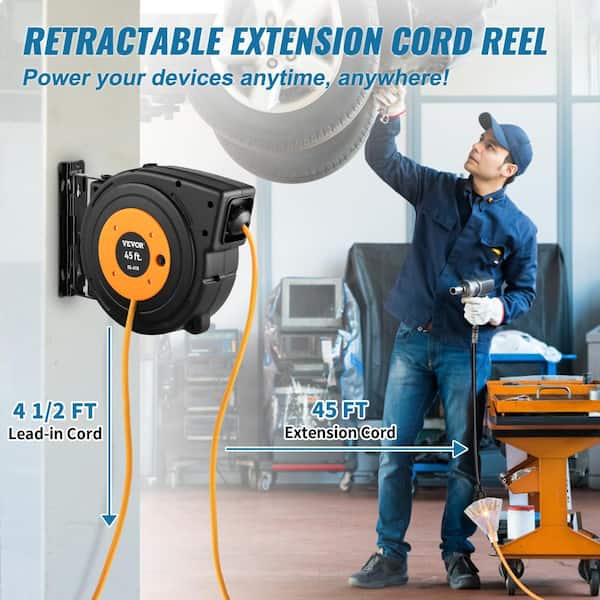 Retractable Extension Cord Reel 45 ft. 15 Amp 12AWG/3C SJTOW Power Cord w/ Lighted Outlet 180° Bracket Wall Mount Black