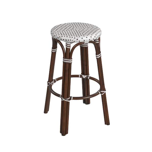 Butler Specialty Company Tobias 30 in. White and Brown Dot Backless Round Rattan Bar Stool