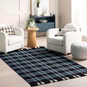 Denton Country Plaid Wool Fringe Area Rug Black Doormat 2 ft. x 3 ft.  Accent Rug