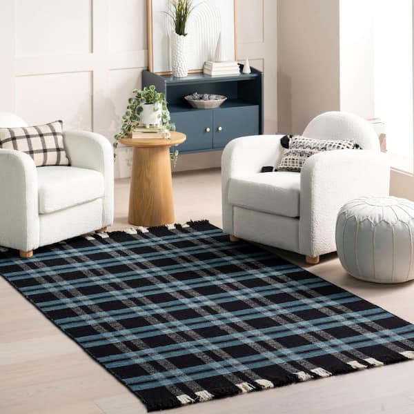 Black 5 ft. x 8 ft. Denton Country Plaid Wool Fringe Area Rug