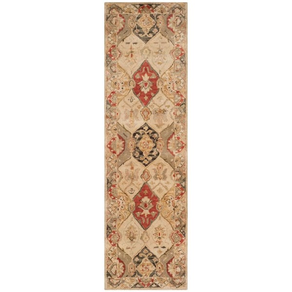 SAFAVIEH Antiquity Beige/Multi 2 ft. x 12 ft. Geometric Floral Border Runner Rug