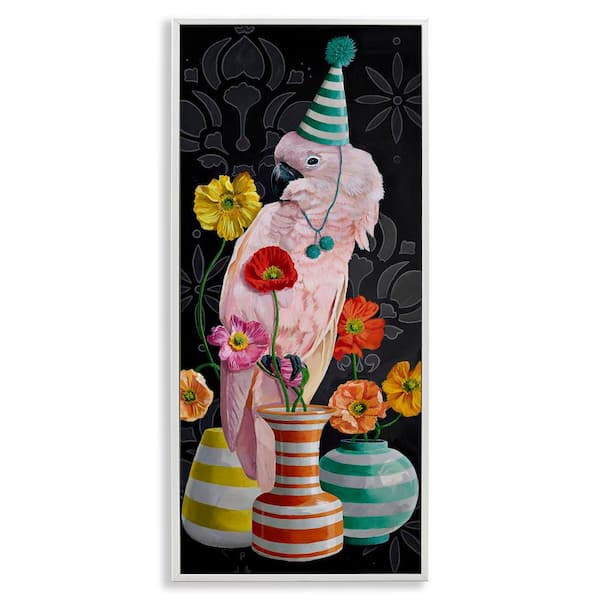 Stupell Industries Cockatoo & Striped Vases by Heather Gauthier White Framed Animal Giclee Art Print 30 in. x 13 in.