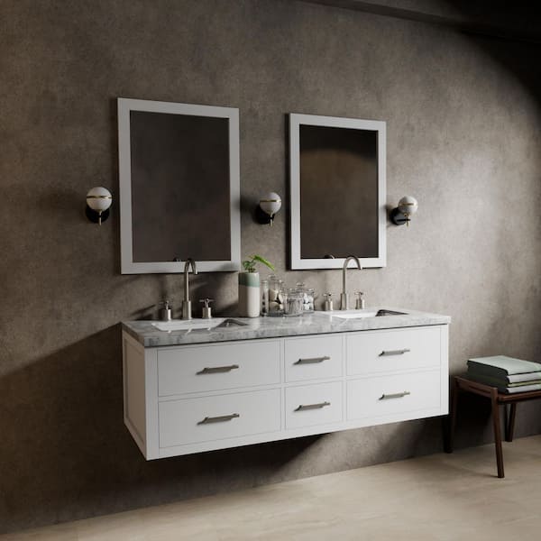 Sherman 60 in W x 22 in D White Double Bath Vanity, Carrara Marble Top, and 28 in Mirrors