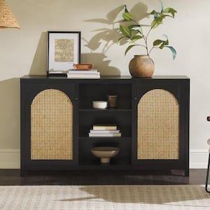 Modern Black Wood 58 in. Sideboard with Arched Rattan Panels
