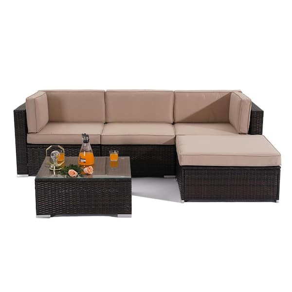 Inner Decor Dawn 5-Piece Wicker Patio Conversation Sectional Seating Set with Beige Cushions
