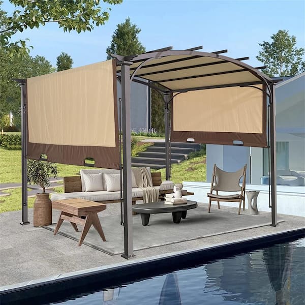 Zeus & Ruta 11 ft. x 9 ft. Beige Canopy Arched Gazebo with Adjustable Waterproof Sun Shade Pergola for Garden Lawn
