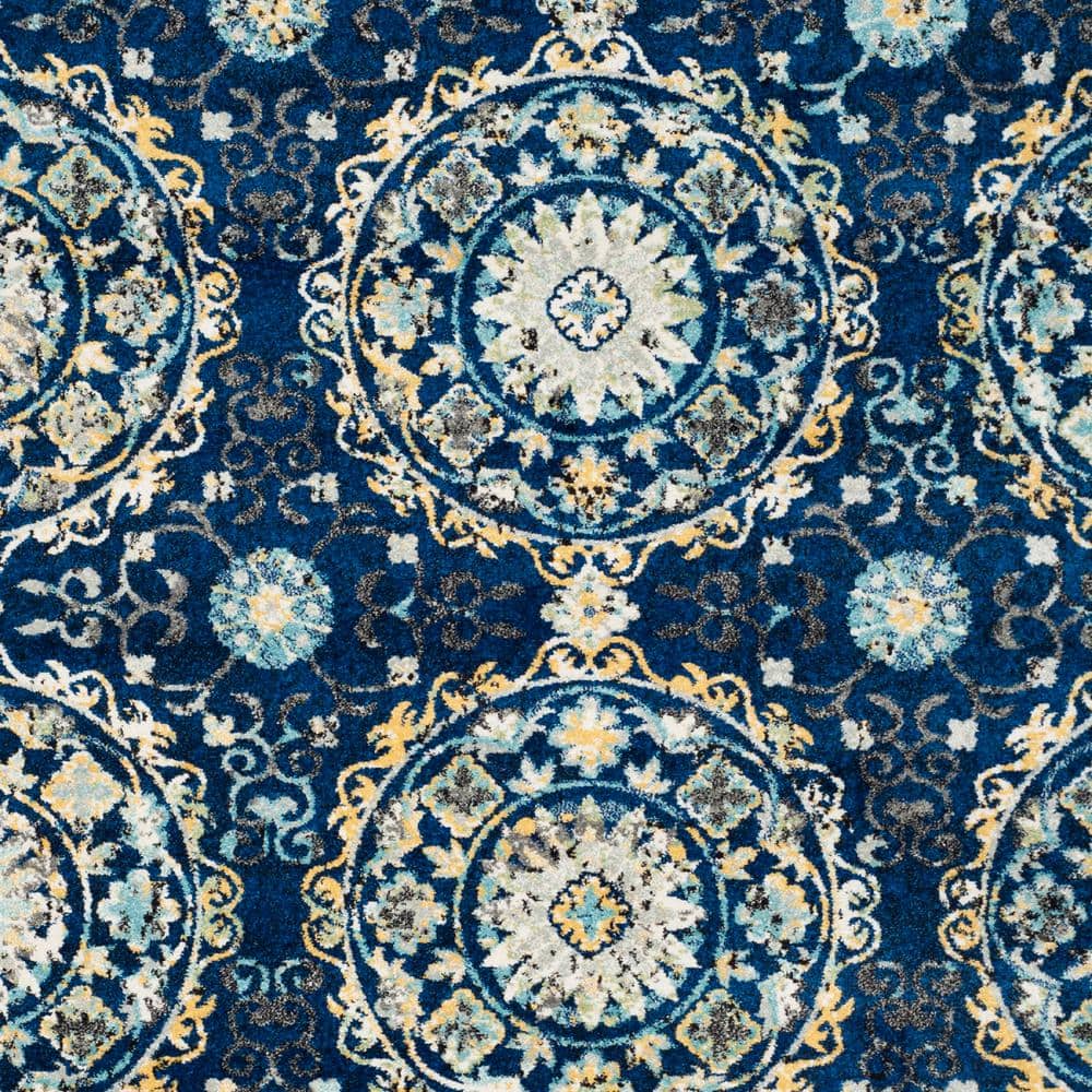 Navy and Ivory Floral Medallion 9' x 12' Area Rug