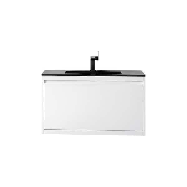 James Martin Vanities Mantova 35.4 in. W x 18.1 in. D x 20.6 in. H Single Vanity Glossy White and Charcoal Black Composite Stone Top