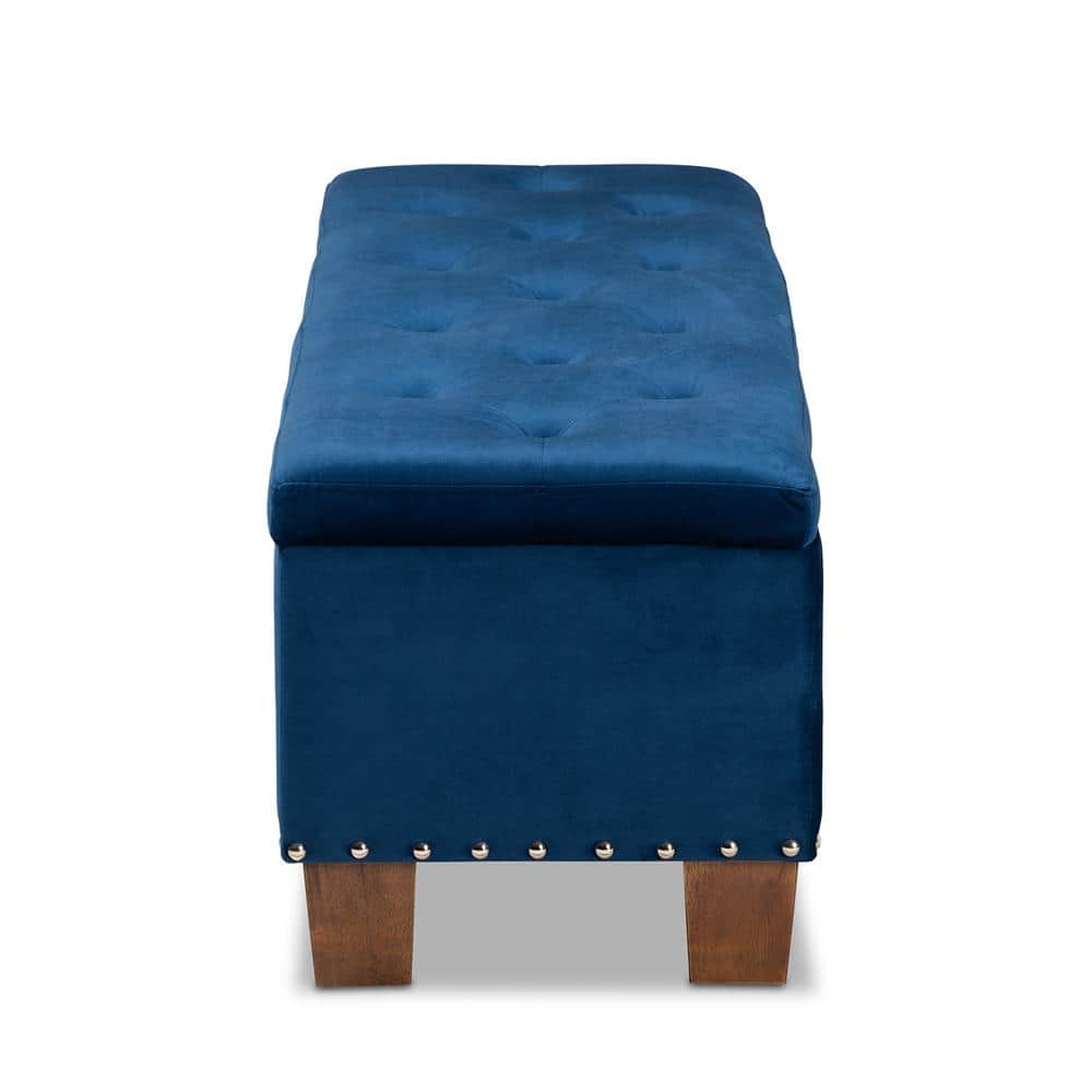 Elegant Navy Blue Velvet Tufted Storage Ottoman Bench with Silver Accents