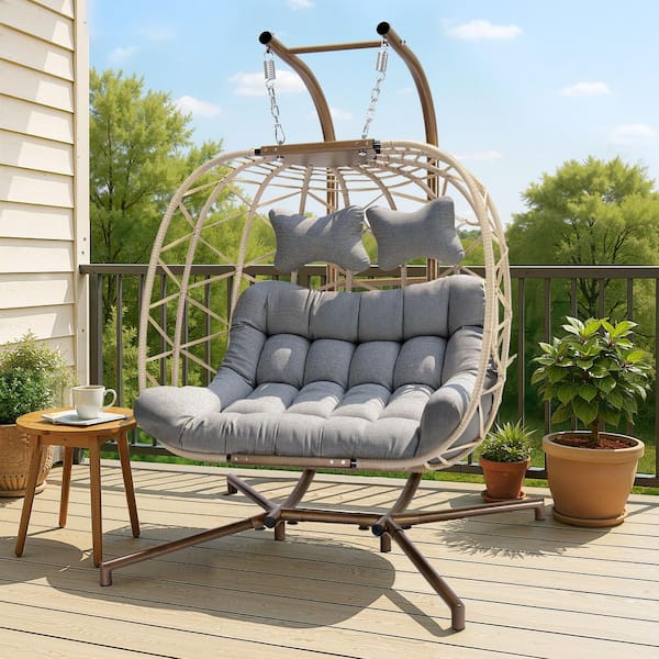 FINCATI Large Indoor Outdoor Beige Wicker Double Swing Egg Chair with Gold Stand and Light Gray Cushion