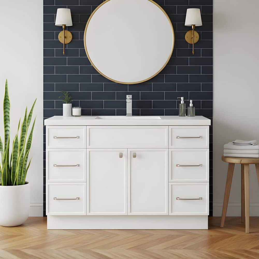 Manhattan 48 in. W x 21 in. D x 36.5 in. H Free Standing Bath Vanity with Cultured Marble Top Sink in White / CH Handle price history on PriceWatchPro