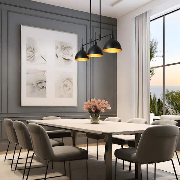 Uolfin 3-Light Black and Gold Linear Chandelier with Metal Shades