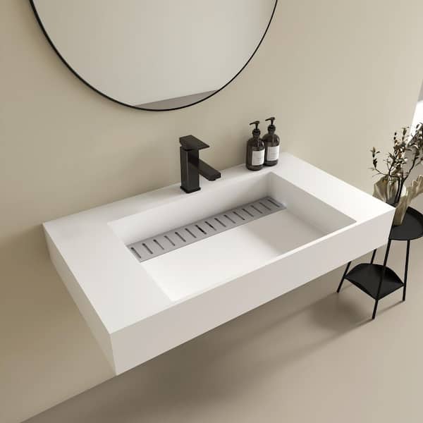 36 x 19 in. Solid Surface Wall Mount Bathroom Vessel Sink with Faucet Hole and Stainless Steels Drain Cover