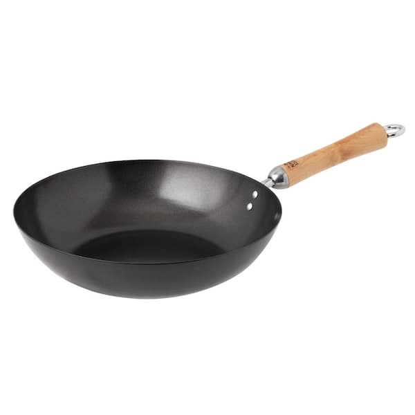 Honey-Can-Do Classic Series 12 in. Black Carbon Steel Non-Stick Wok with Birch Handle