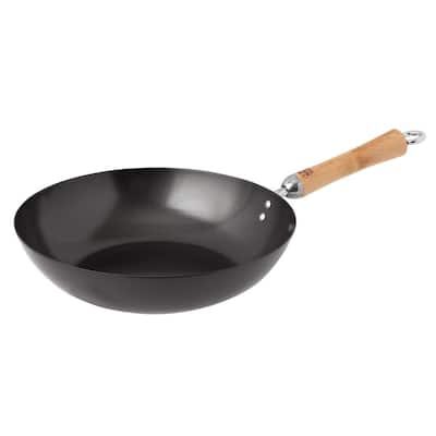 Classic Series 12 in. Black Carbon Steel Non-Stick Wok with Birch Handle