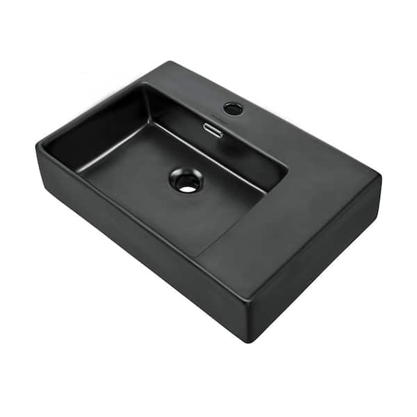 Swiss Madison St. Tropez 24 in. x 18 in. Matte Black Ceramic Wall Hung Vessel Sink with Left Side Faucet Mount