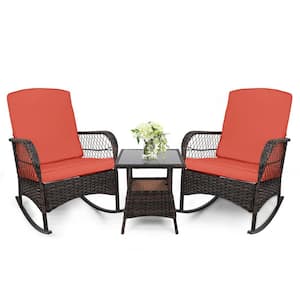 3-Piece Outdoor Wicker Rocking Bistro Set Conversation Chairs PE Rocking Chairs Set with Orange Red
