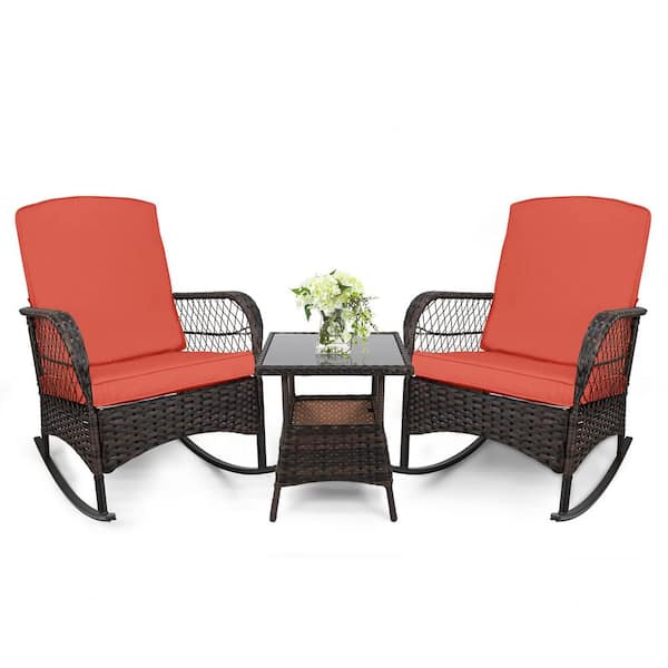 LeveLeve 3-Piece Outdoor Wicker Rocking Bistro Set Conversation Chairs PE Rocking Chairs Set with Orange Red