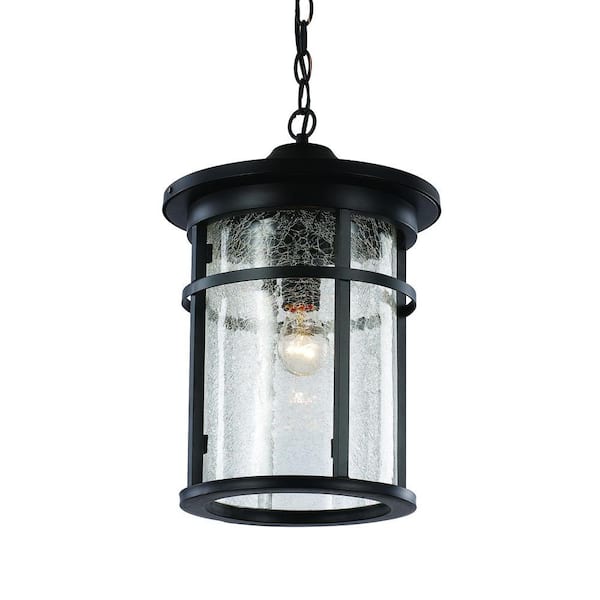 Bel Air Lighting Avalon 11 in. 1-Light Black Hanging Outdoor Pendant Light Fixture with Clear Crackled Glass