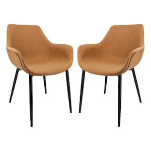 Markley Light Brown Modern Leather Dining Arm Chair with Black Metal Legs (Set of 2)