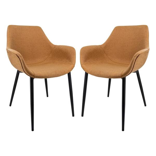 Leisuremod Markley Light Brown Modern Leather Dining Arm Chair with Black Metal Legs (Set of 2)