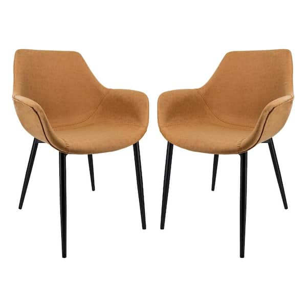 Leisuremod Markley Light Brown Modern Leather Dining Arm Chair with Black Metal Legs (Set of 2)